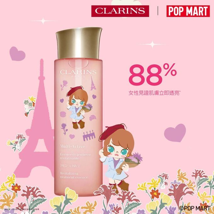 POP MART 限量版煥顏緊緻彈力精華水，經實證肌膚平滑度提升88%*，綻放年輕光采。膚質細緻度提升88%，重拾青春光采。
