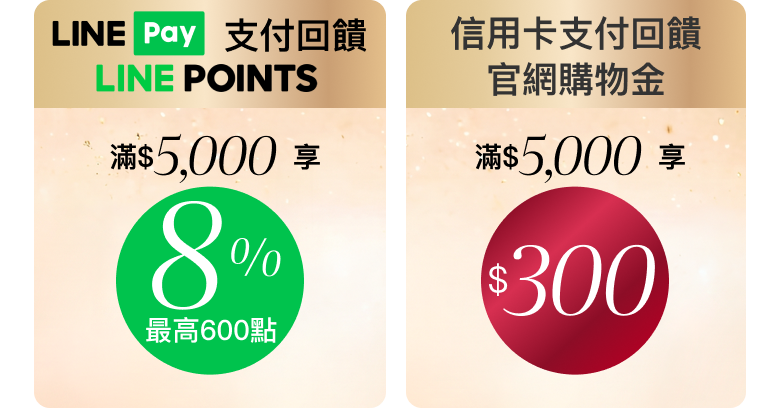 LINE Pay 支付回饋 LINE POINTS 滿$5,000 享 8% 最高600點｜信用卡支付回饋 官網購物金 滿$5,000 享 $300